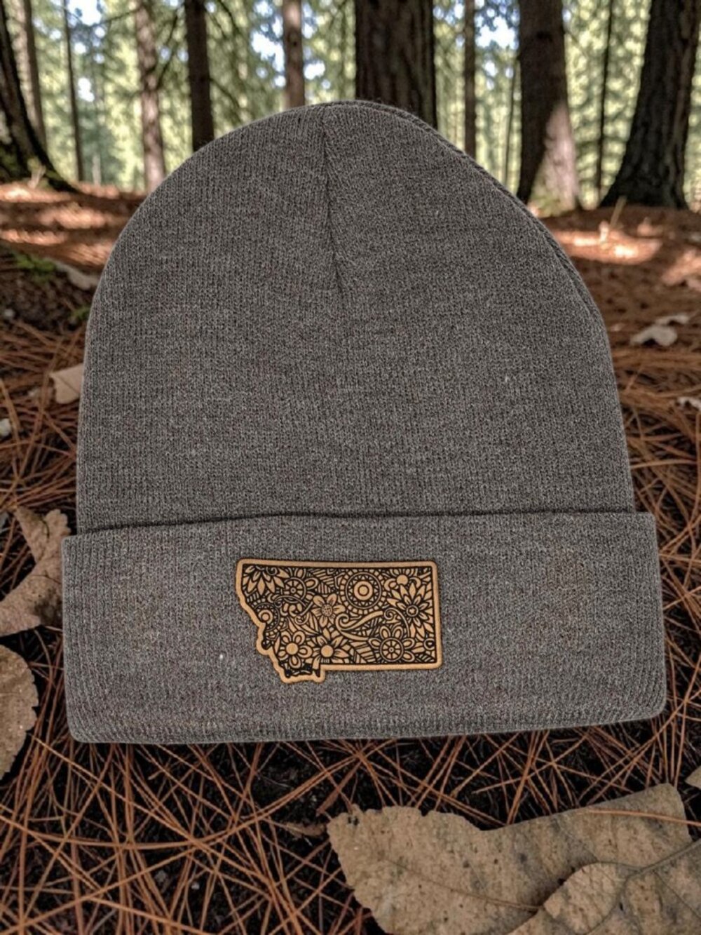 Cozy Light Brown Knit Beanie with Montana Flowers Patch